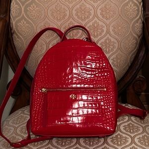 Tory Burch Red Croc-Embossed Backpack with Gold Details